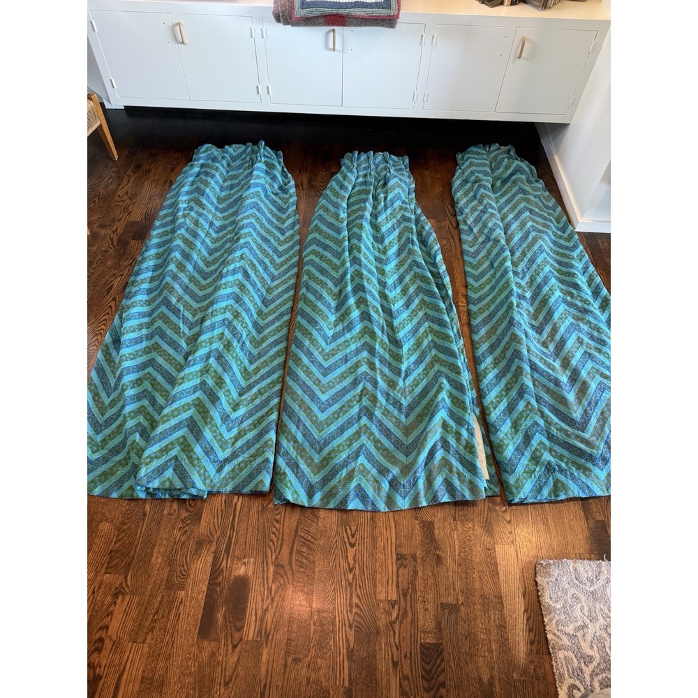 MCM European Linen Pinch Pleat Drapery Panel.  1 of 3. Turquoise/Olive Green